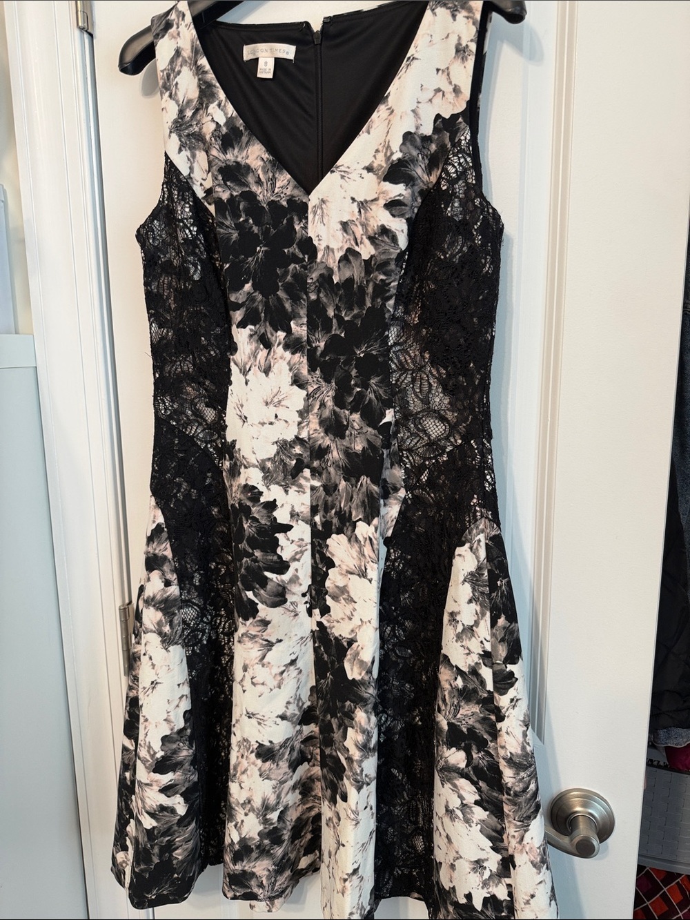 London Times Black and White Floral Lace Fit-and-Flare Dress